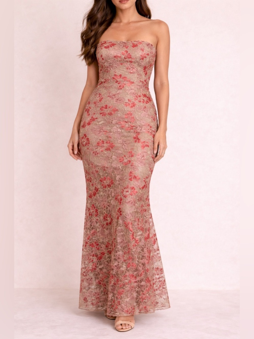 Speechless Strapless Floral Embroidered Maxi Dress Nude Red Size 5 prom gown